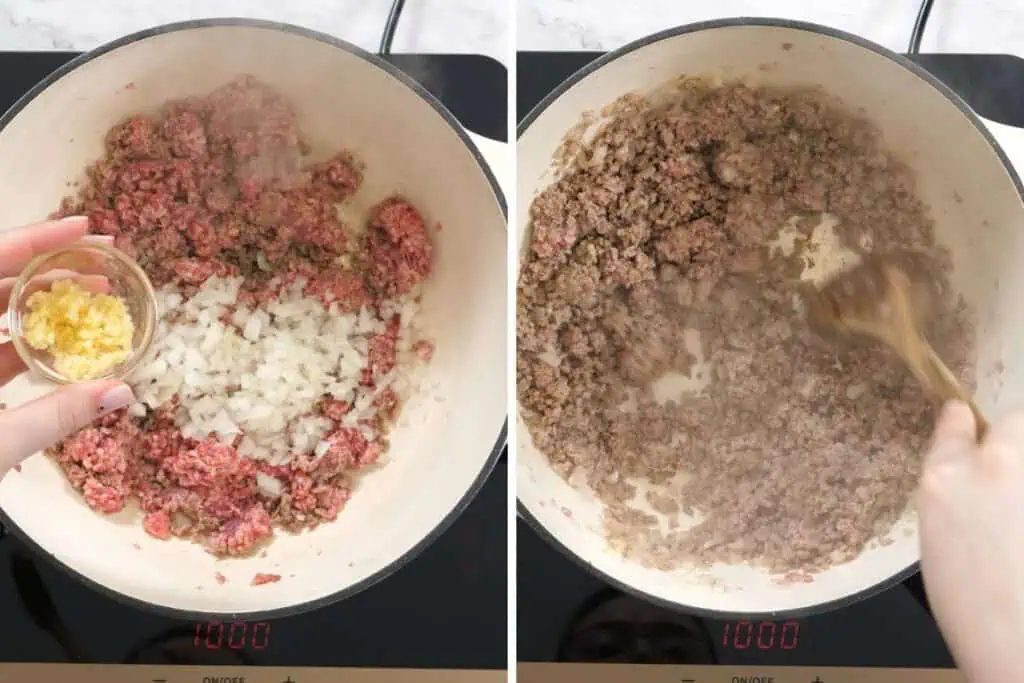 Cheesy Taco Pasta (One Pot) 4 Ground beef cooking with chopped onions and fresh minced garlic added on top.