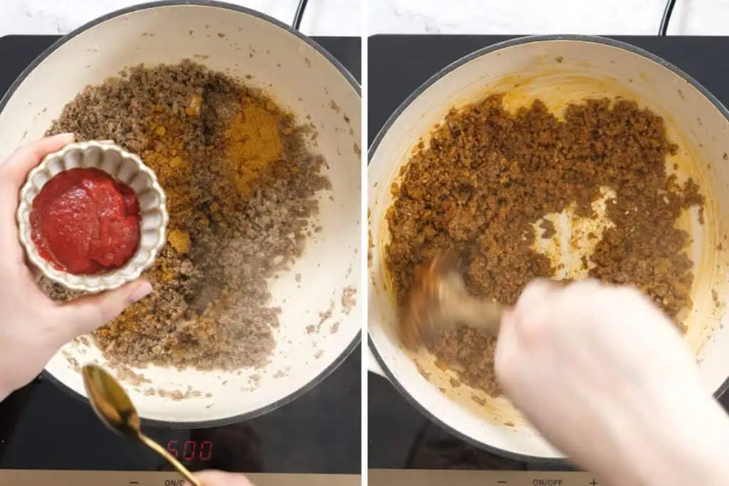 Cheesy Taco Pasta (One Pot) 5 Ground beef cooking in a pot with taco seasoning and tomato paste being added.