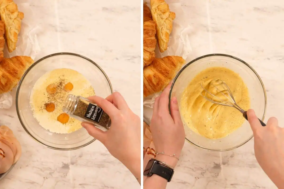 Ham and Cheese Croissant Breakfast Bake 5 Whisking eggs and milk for ham and cheese croissant breakfast bake
