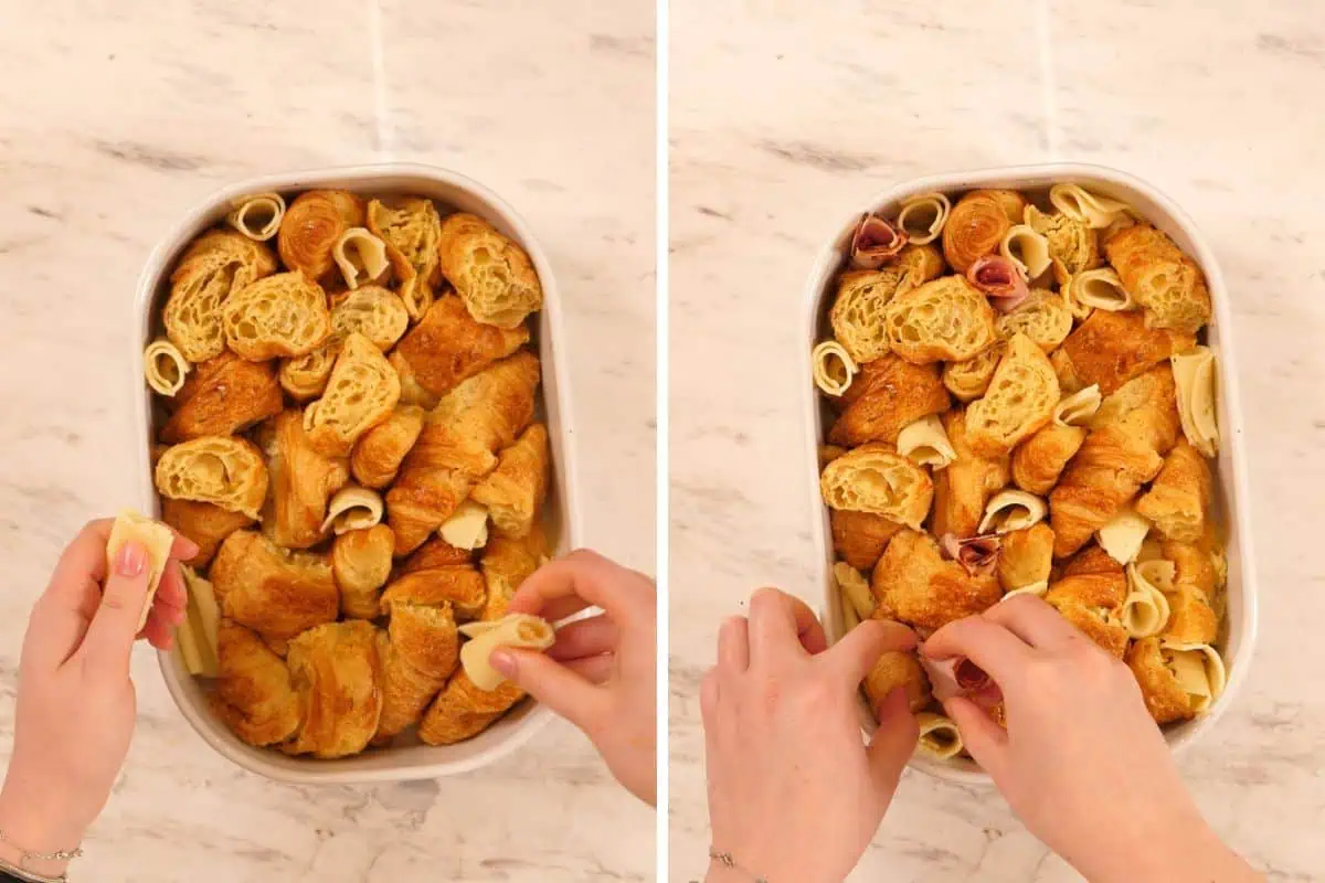 Ham and Cheese Croissant Breakfast Bake 8 Adding cheese and ham between croissant pieces