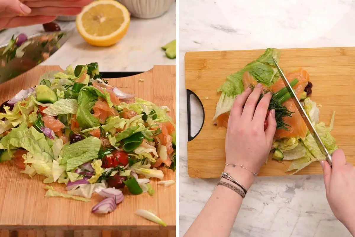Viral Smoked Salmon Chopped Salad Bagel 5 Slicing smoked salmon and fresh vegetables together to make a viral chopped salmon salad
