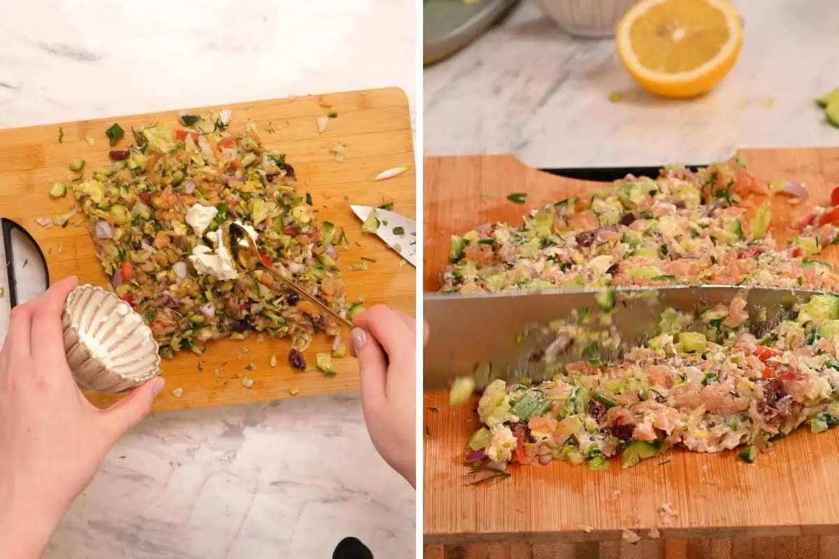 Viral Smoked Salmon Chopped Salad Bagel 6 Adding cream cheese to chopped smoked salmon salad mixture on a wooden cutting board