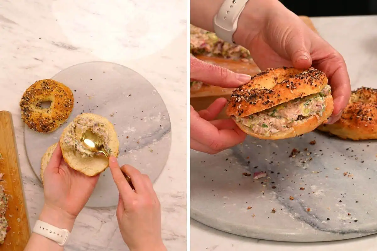 Viral Smoked Salmon Chopped Salad Bagel 8 Spreading chopped smoked salmon salad onto an everything bagel
