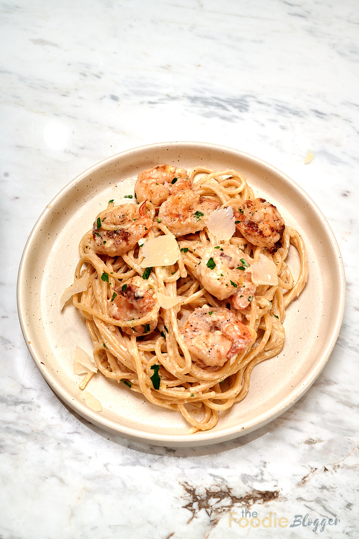 Ultra Creamy Garlic Parmesan Shrimp Pasta 13 Overhead view of ultra creamy garlic parmesan shrimp pasta served on a plate topped with sautéed shrimp, shaved parmesan, and fresh parsley