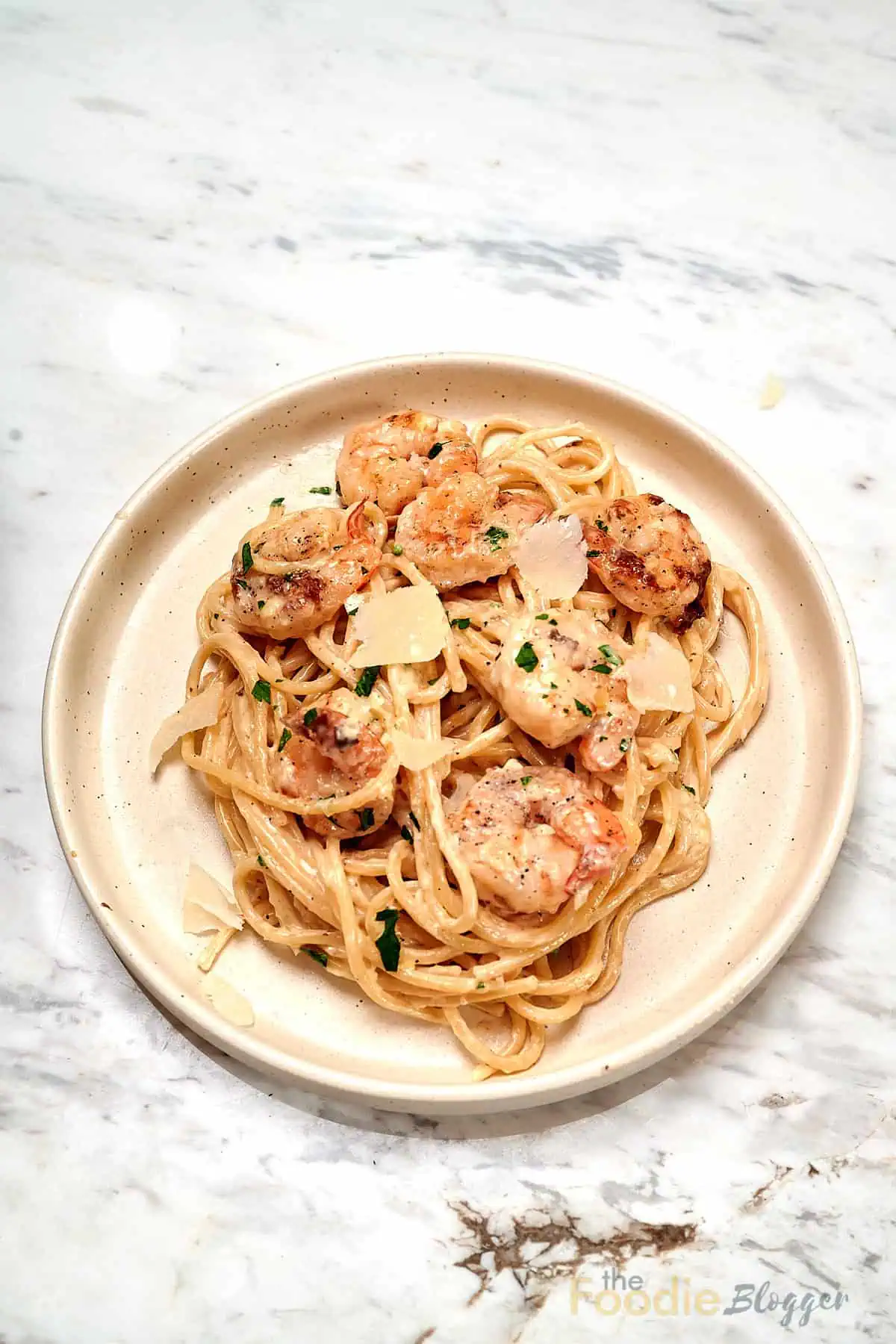 Ultra Creamy Garlic Parmesan Shrimp Pasta 13 Overhead view of ultra creamy garlic parmesan shrimp pasta served on a plate topped with sautéed shrimp, shaved parmesan, and fresh parsley