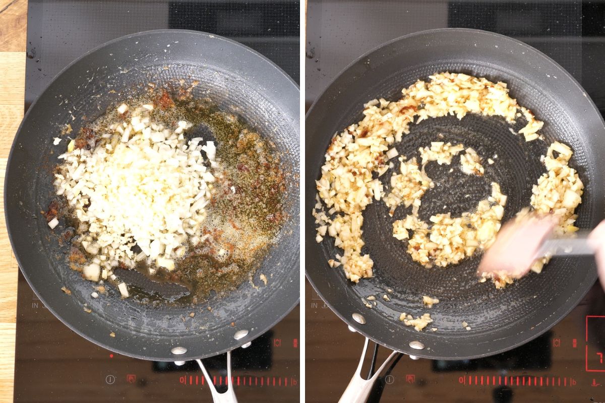 Ultra Creamy Garlic Parmesan Shrimp Pasta 6 Chopped onion and garlic sautéing in butter in a skillet to start the garlic parmesan cream sauce