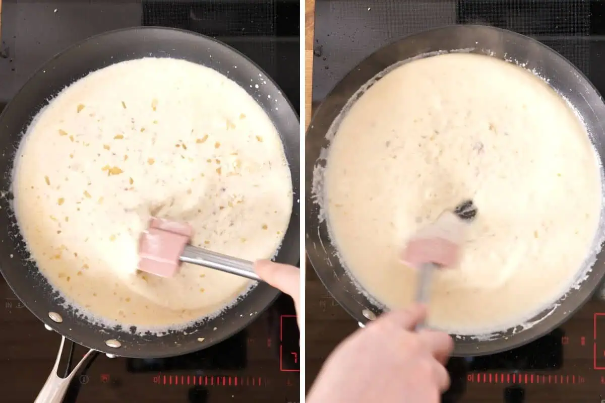 Ultra Creamy Garlic Parmesan Shrimp Pasta 8 Heavy cream and parmesan cheese being stirred into a skillet to create a rich garlic parmesan sauce