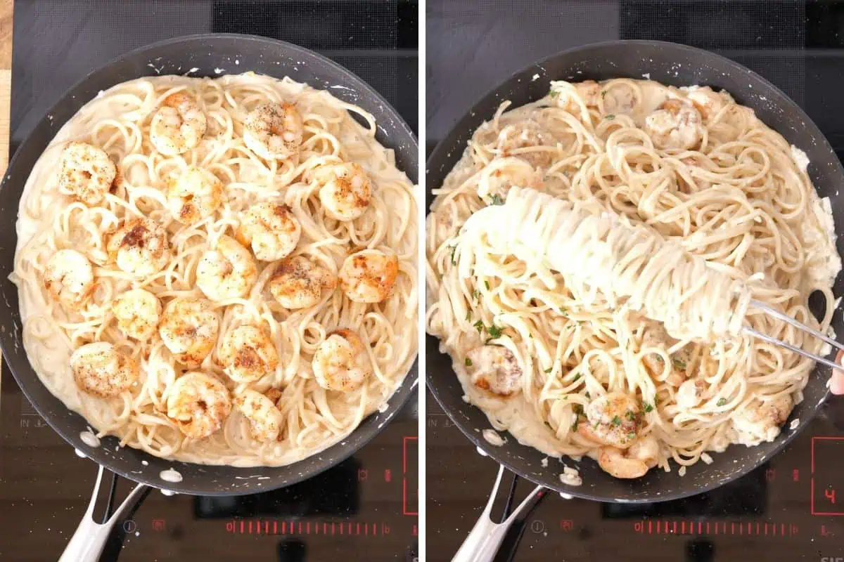 Ultra Creamy Garlic Parmesan Shrimp Pasta 11 Cooked spaghetti added to creamy garlic parmesan sauce in a skillet and tossed to coat