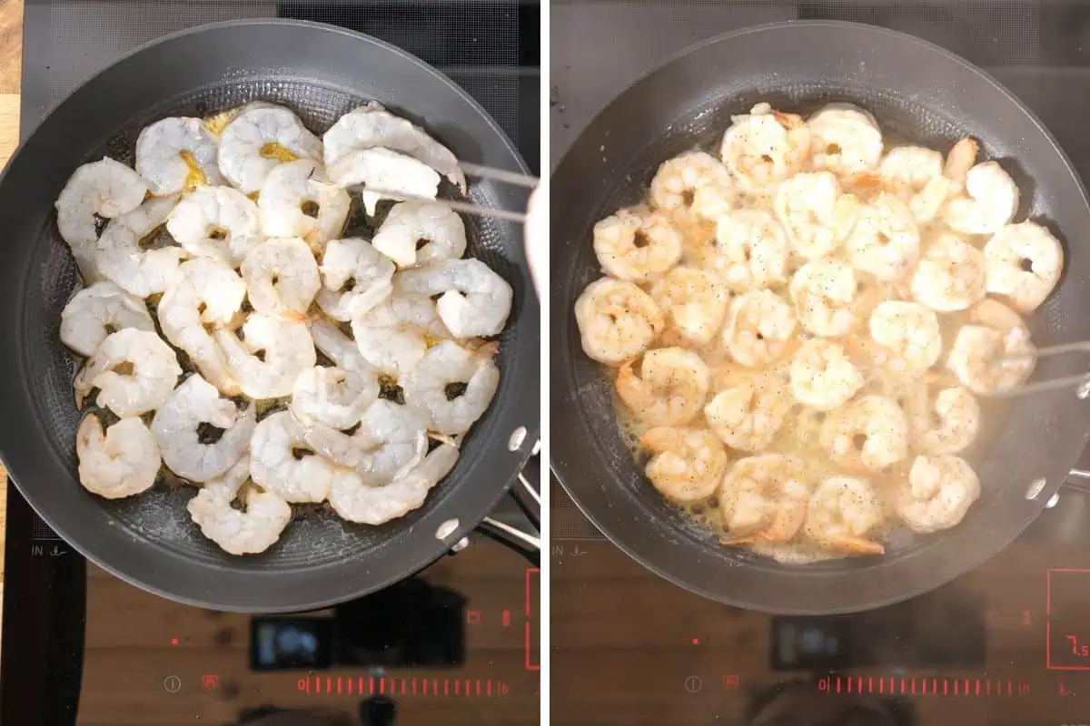 Ultra Creamy Garlic Parmesan Shrimp Pasta 4 Raw shrimp cooking in a skillet and turning pink and opaque for garlic parmesan shrimp pasta