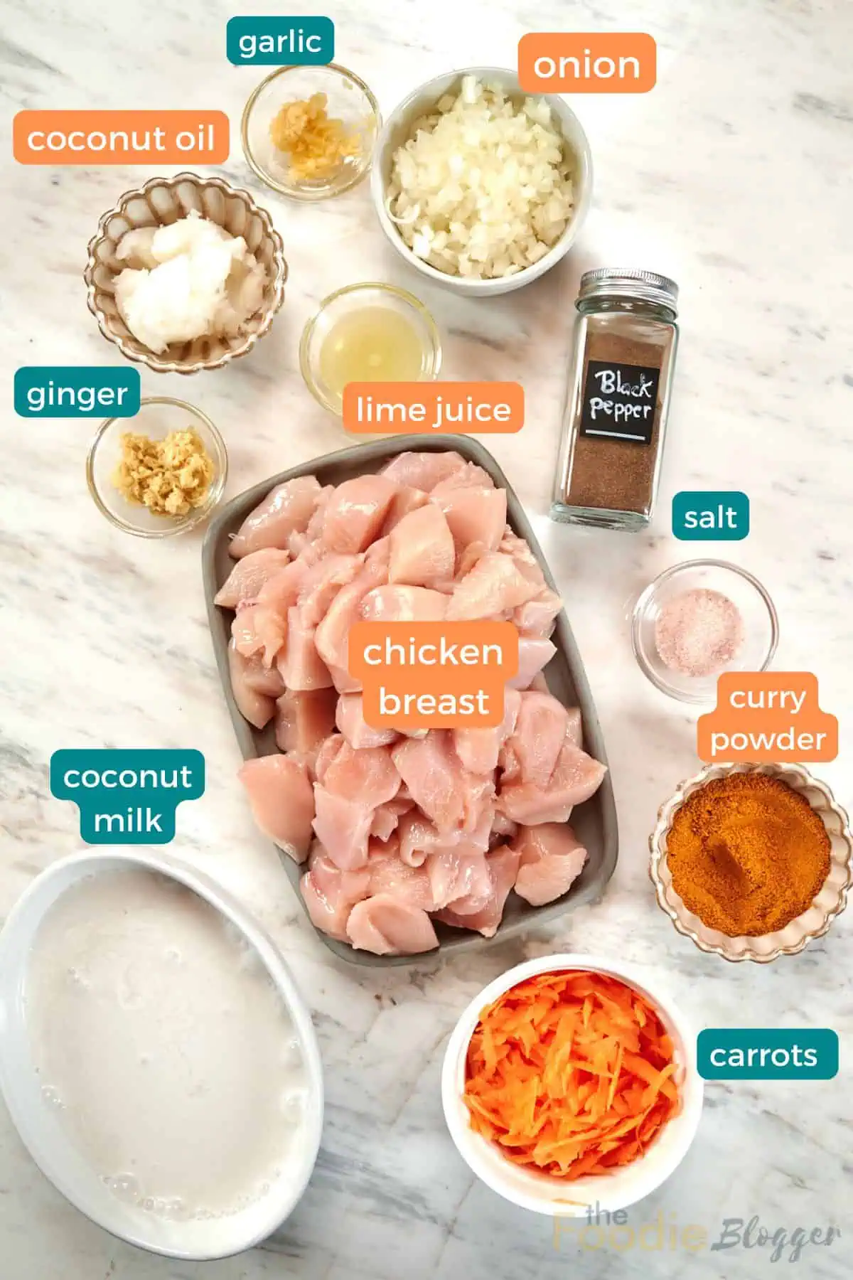 Creamy Chicken Coconut Curry 4 Ingredients for creamy chicken coconut curry including chicken breast, coconut milk, onion, garlic, ginger, curry seasoning, and shredded carrot.