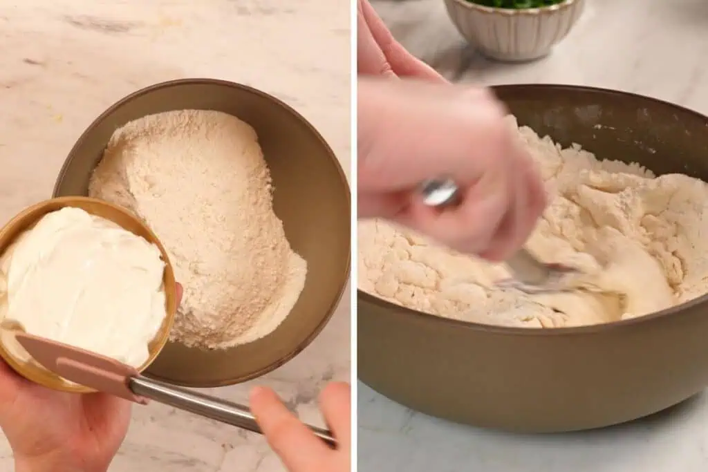 2-Ingredient Garlic Butter Naan 3 Adding Greek yogurt to self-rising flour and mixing the dough for easy homemade naan.