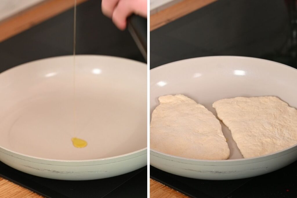 2-Ingredient Garlic Butter Naan 7 Drizzling oil into a skillet and adding rolled naan dough to cook.