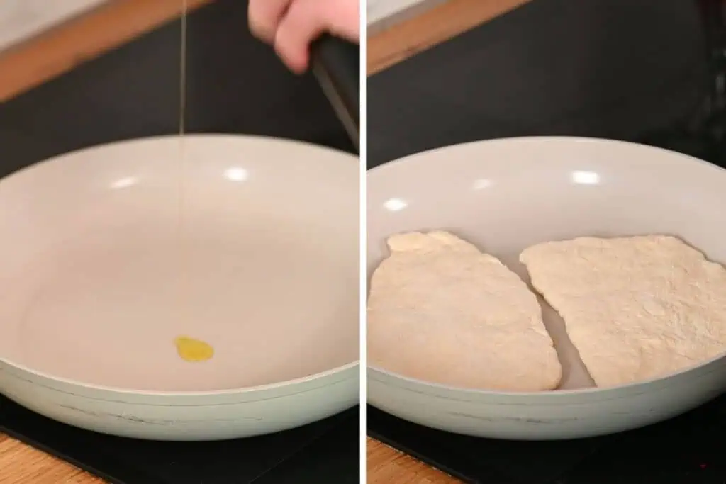 2-Ingredient Garlic Butter Naan 7 Drizzling oil into a skillet and adding rolled naan dough to cook.