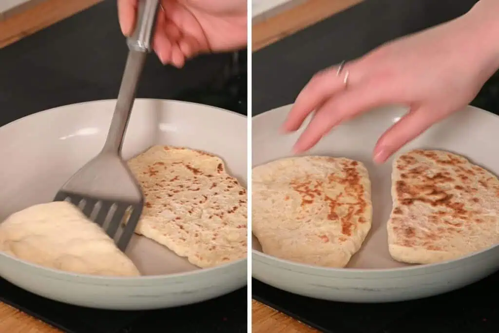 2-Ingredient Garlic Butter Naan 8 Flipping homemade naan in a skillet until golden brown spots appear on both sides.