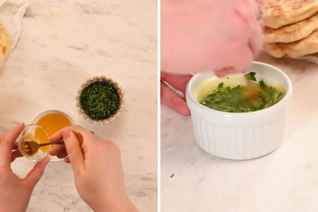 2-Ingredient Garlic Butter Naan 9 Mixing melted butter, garlic, and fresh parsley in a small ramekin for garlic butter topping.