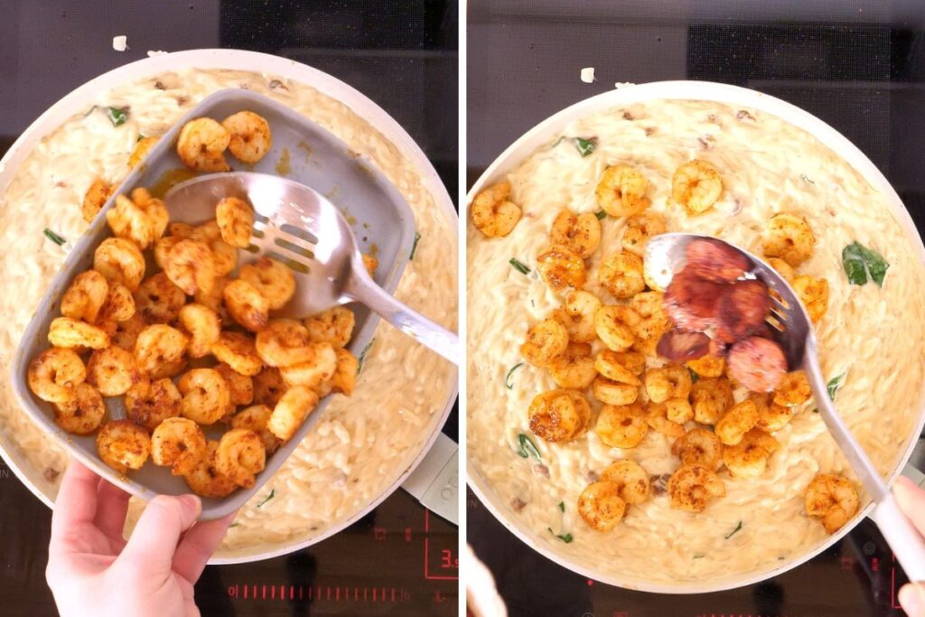 Creamy Cajun Shrimp Orzo 13 Adding cooked Cajun shrimp and smoked sausage back into the creamy orzo skillet.