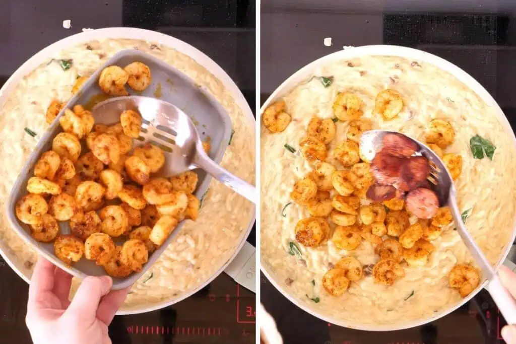 Creamy Cajun Shrimp Orzo 13 Adding cooked Cajun shrimp and smoked sausage back into the creamy orzo skillet.