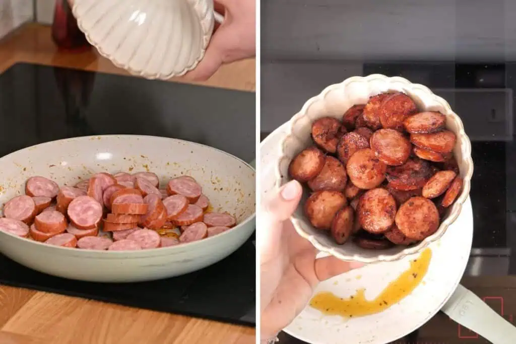 Creamy Cajun Shrimp Orzo 7 Sautéing sliced smoked sausage in a skillet until browned and crispy.