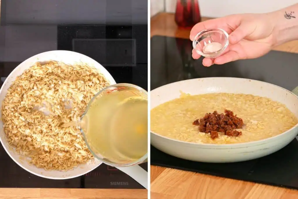 Creamy Cajun Shrimp Orzo 10 Pouring chicken broth into toasted orzo pasta to cook until tender.