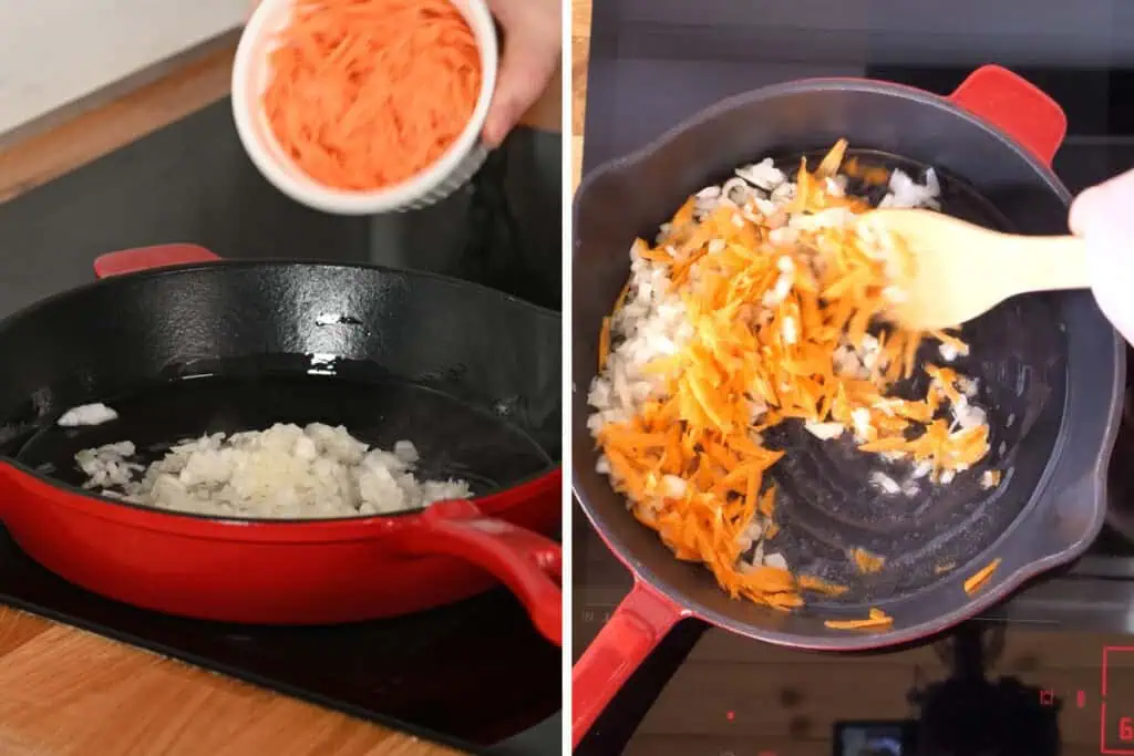 Creamy Chicken Coconut Curry 5 Sautéing onions and shredded carrots in a skillet to start the creamy chicken coconut curry recipe.