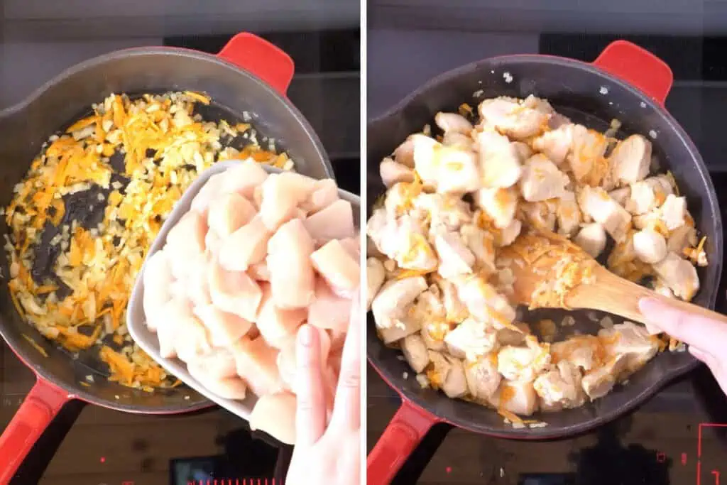 Creamy Chicken Coconut Curry 6 Adding diced chicken breast to sautéed onions and carrots in a skillet, then stirring until lightly cooked.