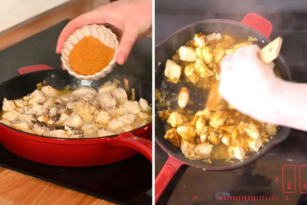 Creamy Chicken Coconut Curry 7 Adding curry seasoning, garlic, and black pepper to chicken in a skillet and stirring to coat evenly.
