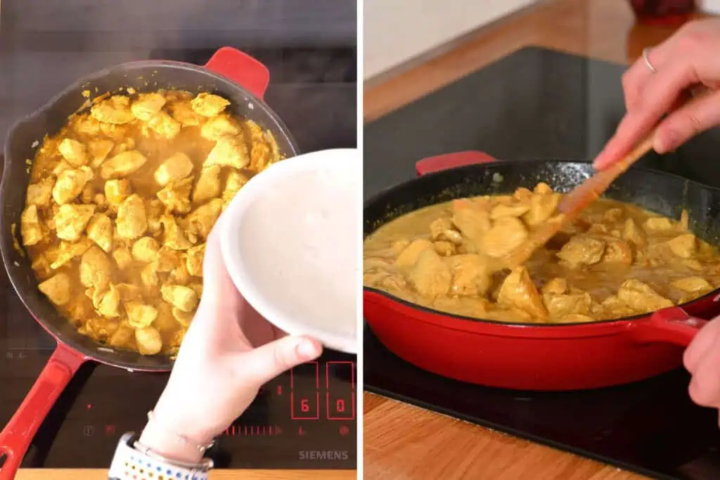Creamy Chicken Coconut Curry 8 Pouring coconut milk into the chicken curry mixture and stirring until creamy and combined.