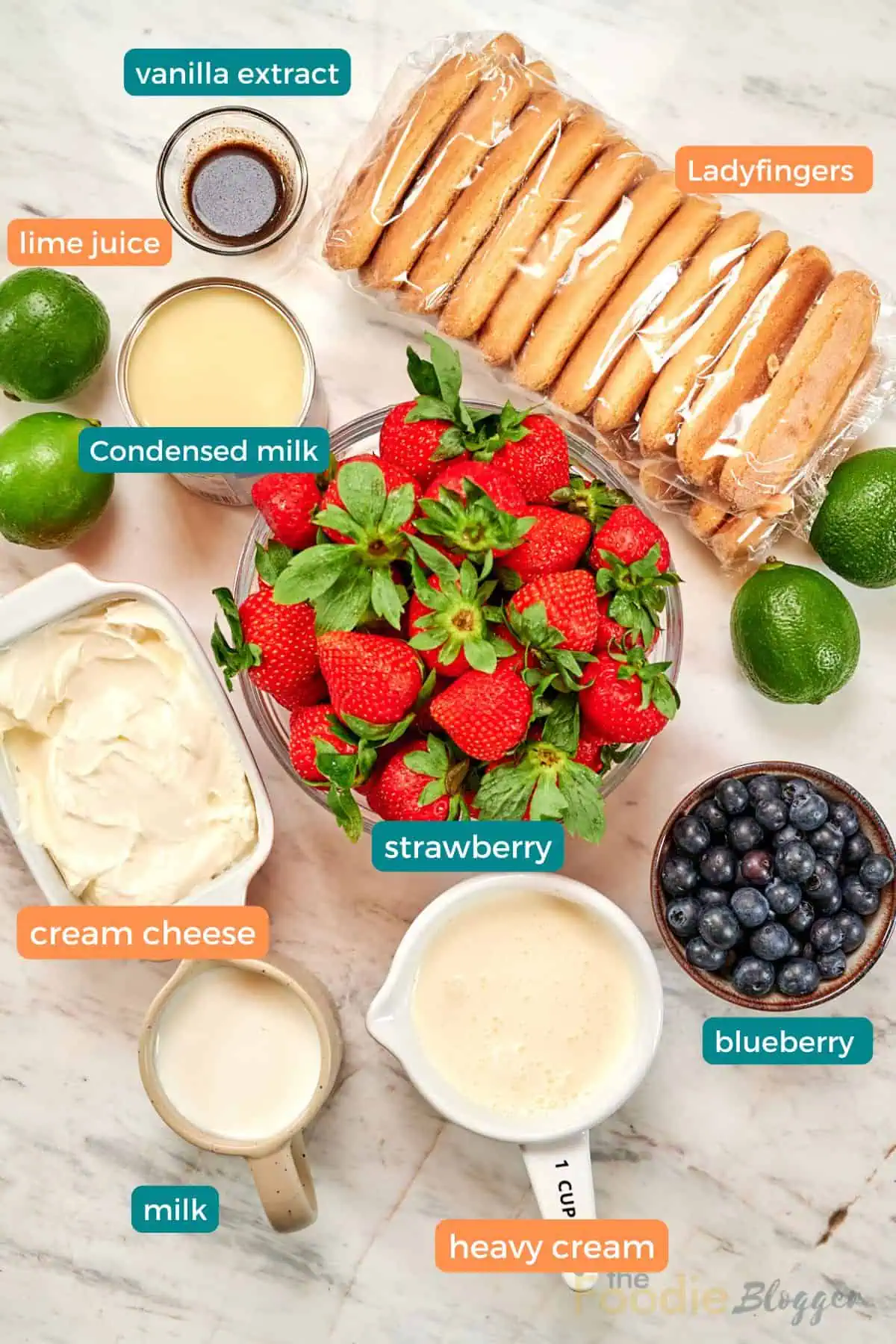 No-Bake Strawberry Lime Charlotte Cake 3 Ingredients for no-bake strawberry lime Charlotte cake arranged on a marble surface, including strawberries, blueberries, cream cheese, sweetened condensed milk, heavy cream, lime juice, vanilla extract, milk, and ladyfingers.