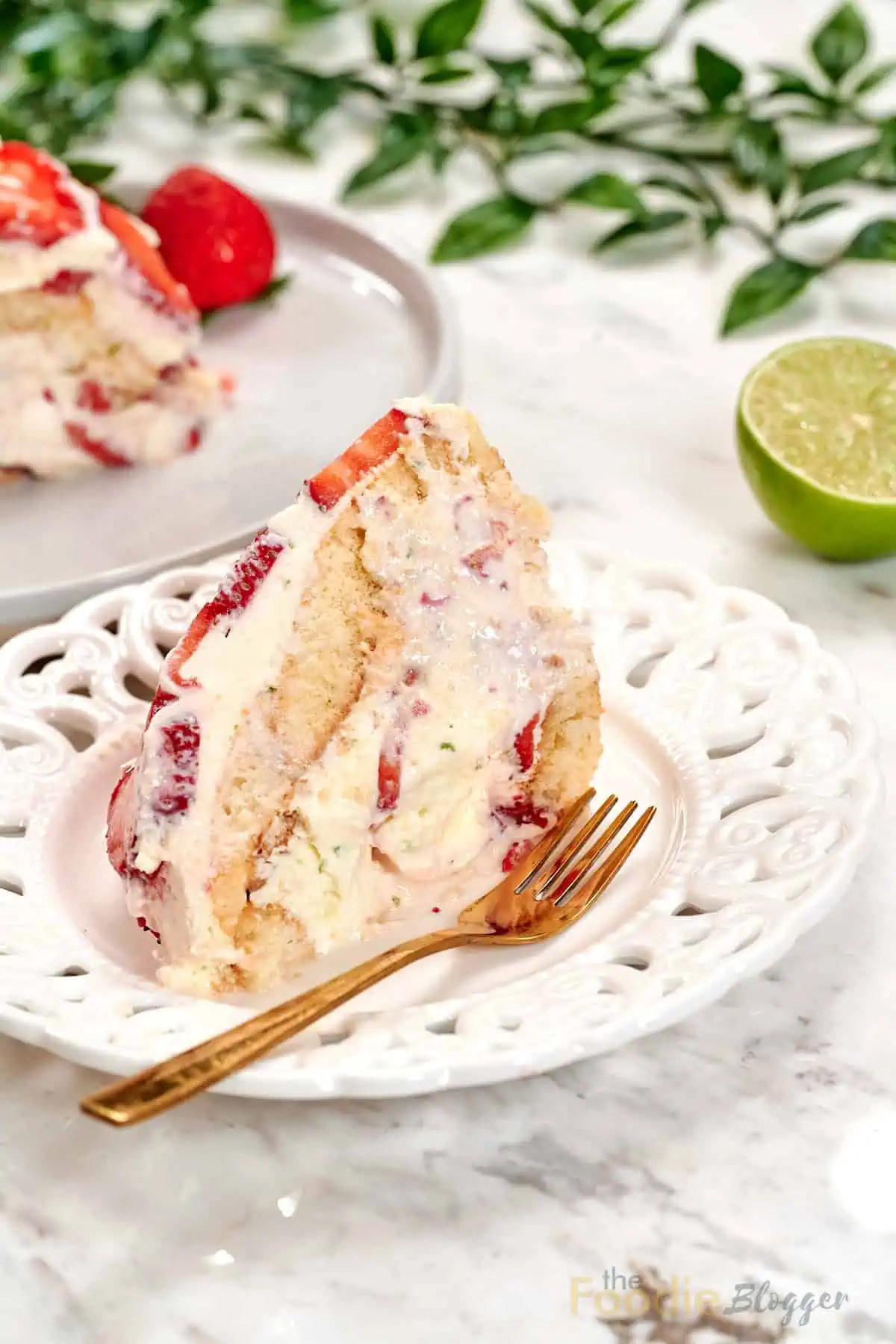 No-Bake Strawberry Lime Charlotte Cake 2 Slice of strawberry lime Charlotte cake served on a decorative white plate, showing creamy no-bake filling, fresh strawberries, and soft ladyfinger layers.