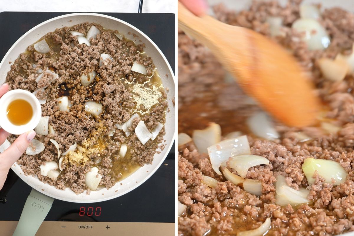 Ground Beef And Broccoli Stir Fry 7 Soy sauce, garlic, ginger, sesame oil, and broth added to ground beef and onions to make the stir fry sauce.