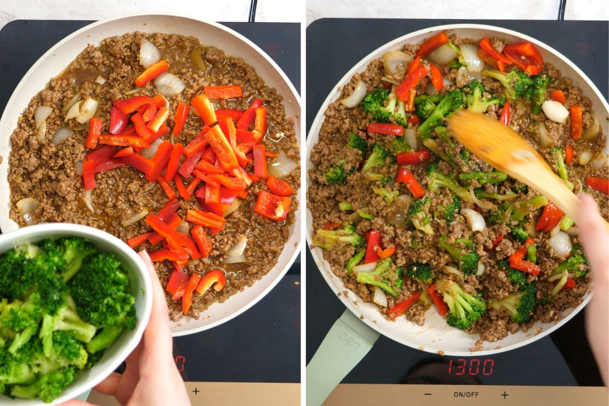 Ground Beef And Broccoli Stir Fry 9 Broccoli florets and sliced red bell pepper added to the ground beef mixture before stirring everything together.