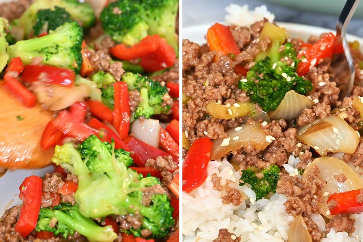 Ground Beef And Broccoli Stir Fry 10 Ground Beef and Broccoli Stir Fry mixed together in the skillet with tender broccoli, onions, and red bell peppers.