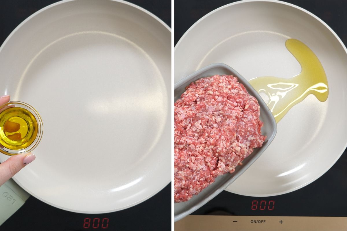 Ground Beef And Broccoli Stir Fry 4 Olive oil heating in a large skillet before adding the ground beef for Ground Beef and Broccoli Stir Fry.