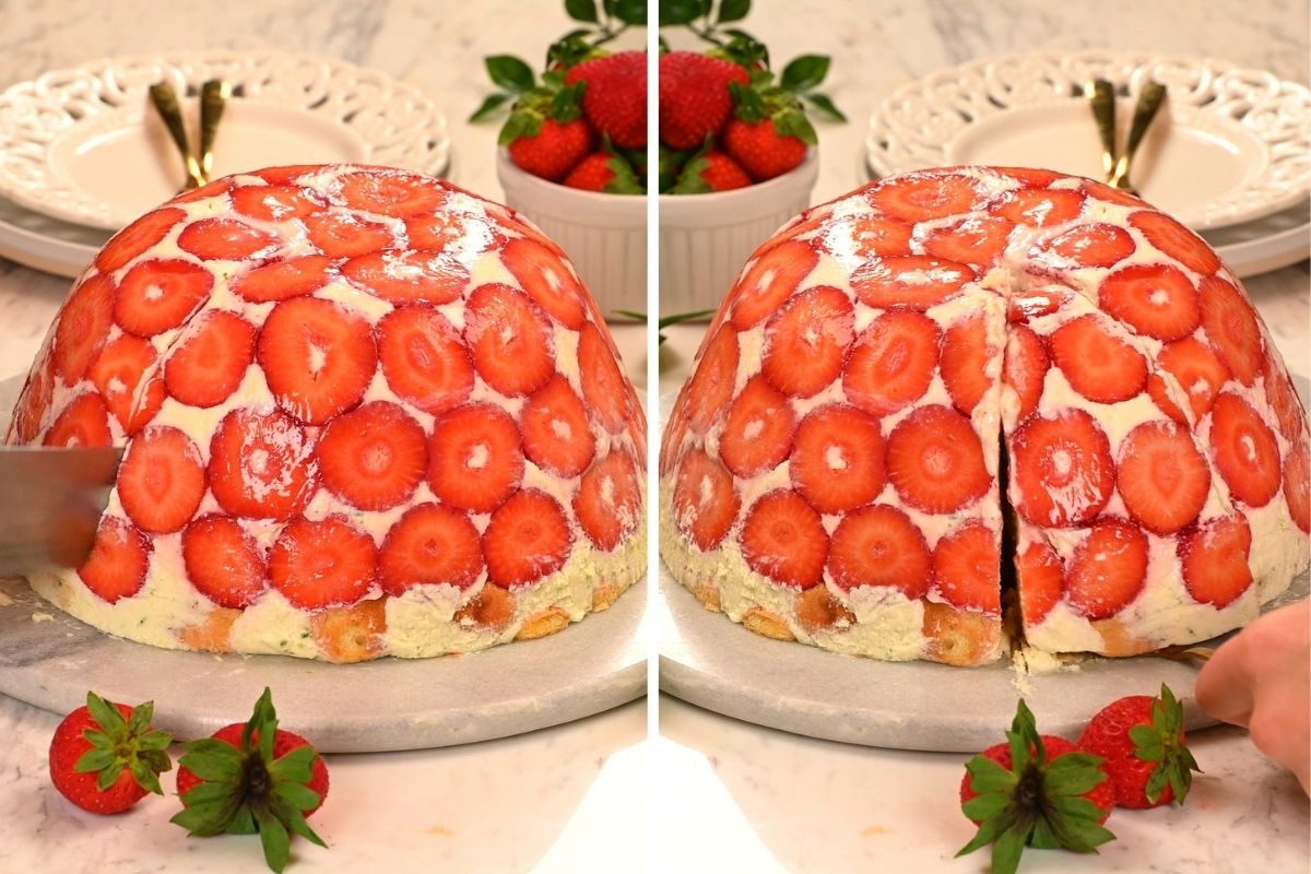 No-Bake Strawberry Lime Charlotte Cake 12 Chilled strawberry-covered Charlotte cake being sliced to reveal the creamy layered filling inside.