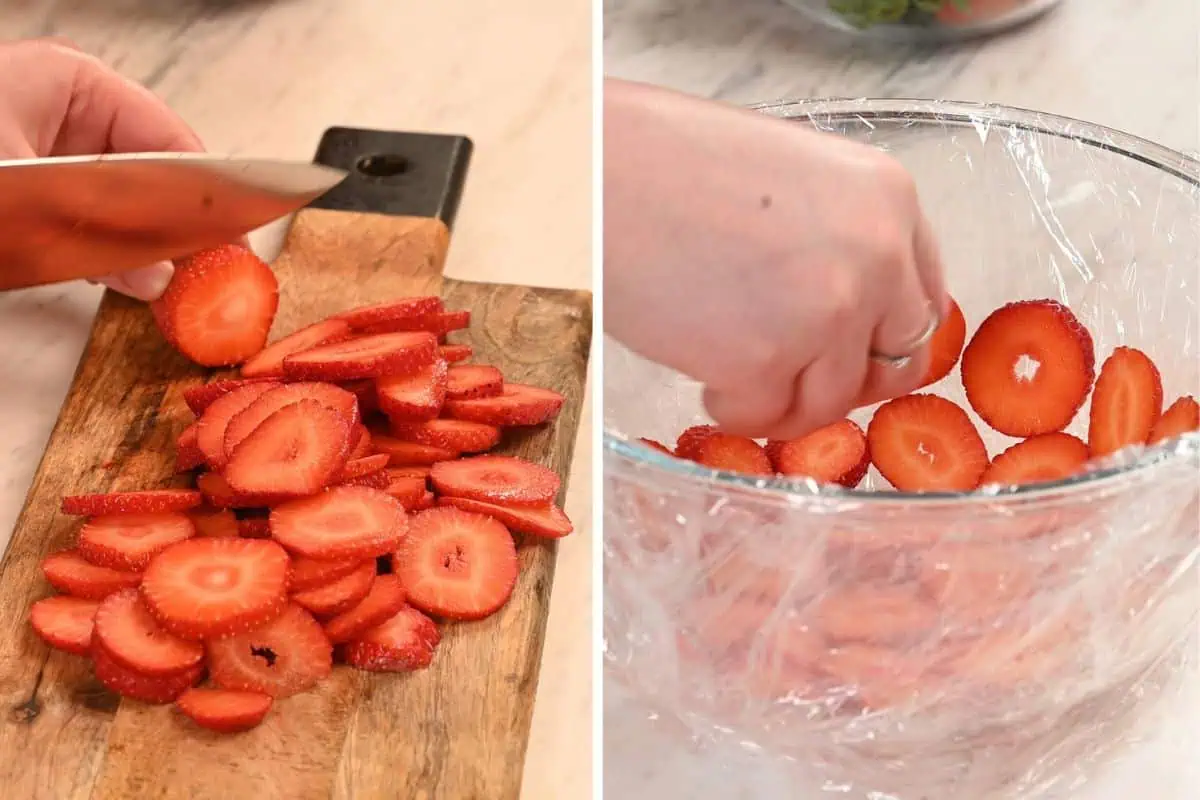 No-Bake Strawberry Lime Charlotte Cake 5 Fresh strawberries being sliced on a wooden cutting board and arranged in a plastic wrap-lined bowl to create the decorative cake exterior.