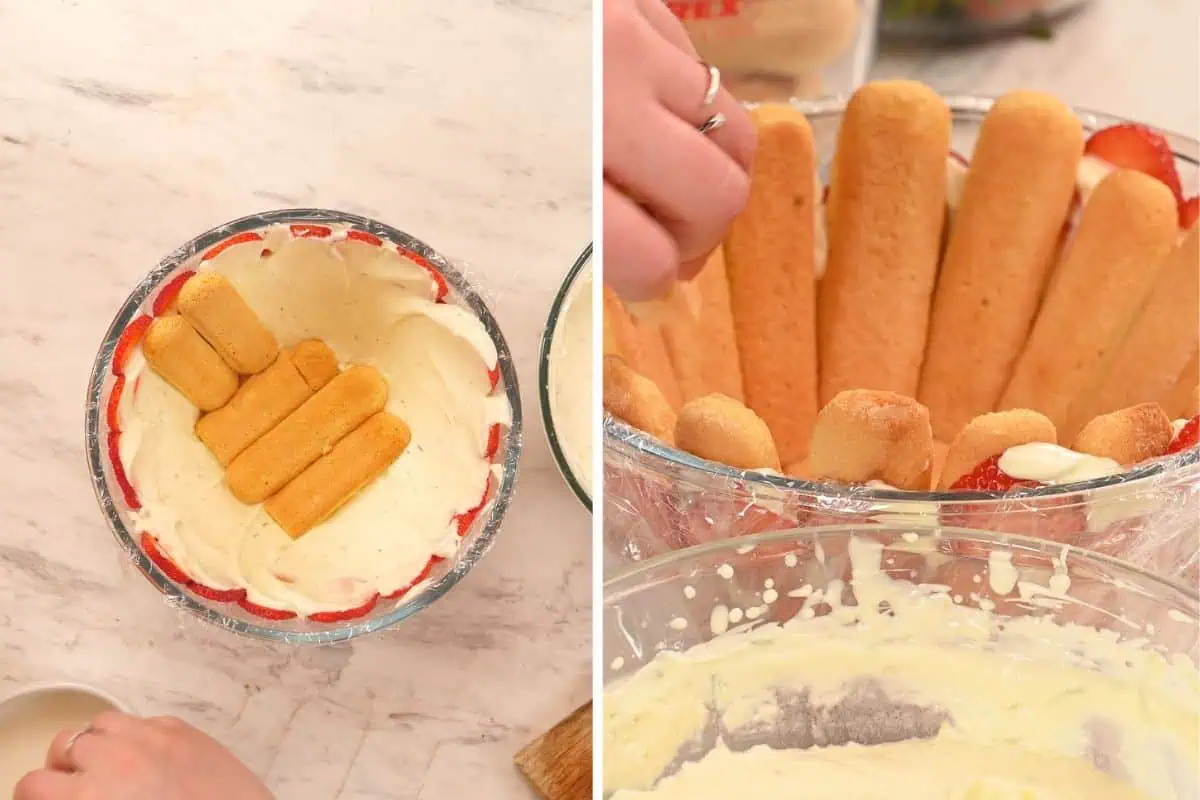 No-Bake Strawberry Lime Charlotte Cake 8 Ladyfingers arranged inside the bowl over the cream filling to create the first cake layer.